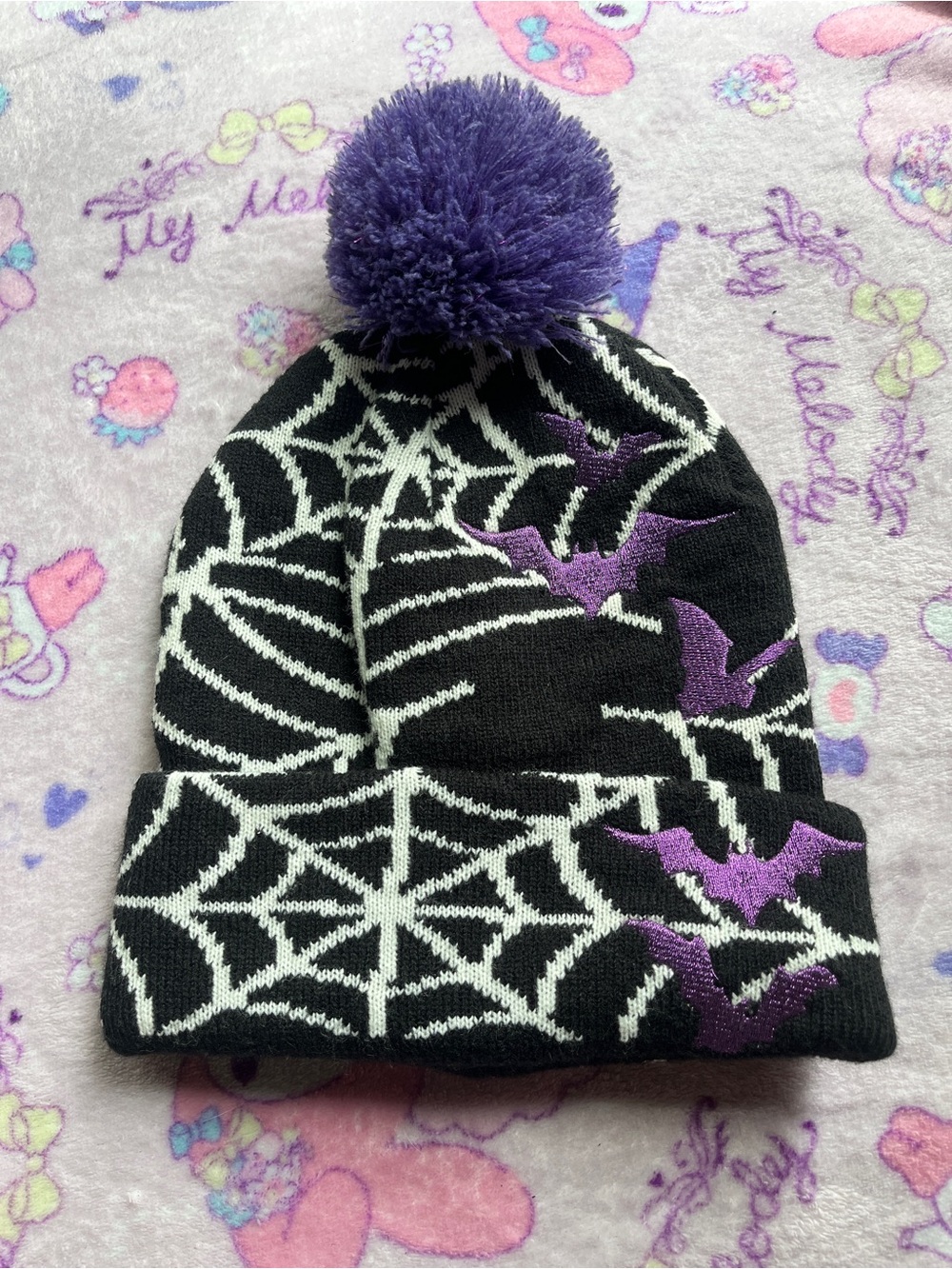 Spiderweb Beanie with Purple Bat Embroidery 🕸️🦇